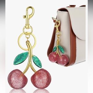 Pink Cherry Keychain with Gold Green leafs clips onto your coach bag